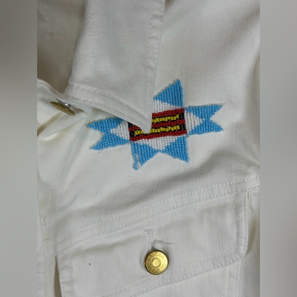 Women’s Polo Ralph Lauren White Jean Jacket Western Southwest Embroidered Bead - Picture 6 of 11